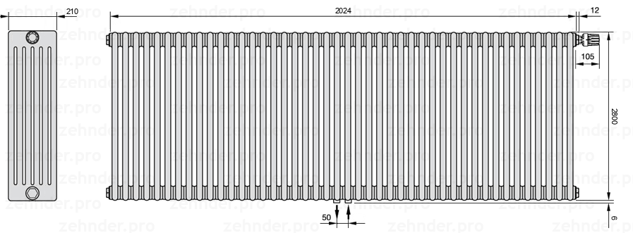 Схема (чертеж) Радиатор Zehnder Charleston 6280/44 №V008 Белый глянцевый RAL 9016